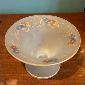 Vintage Frosted Satin Glass Reverse Hand Painted Pedestal Dish Flowers Swirls